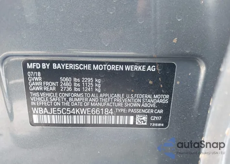 2019 BMW 540I z USA, uszkodzony, nr VIN WBAJE5C54KWE66184